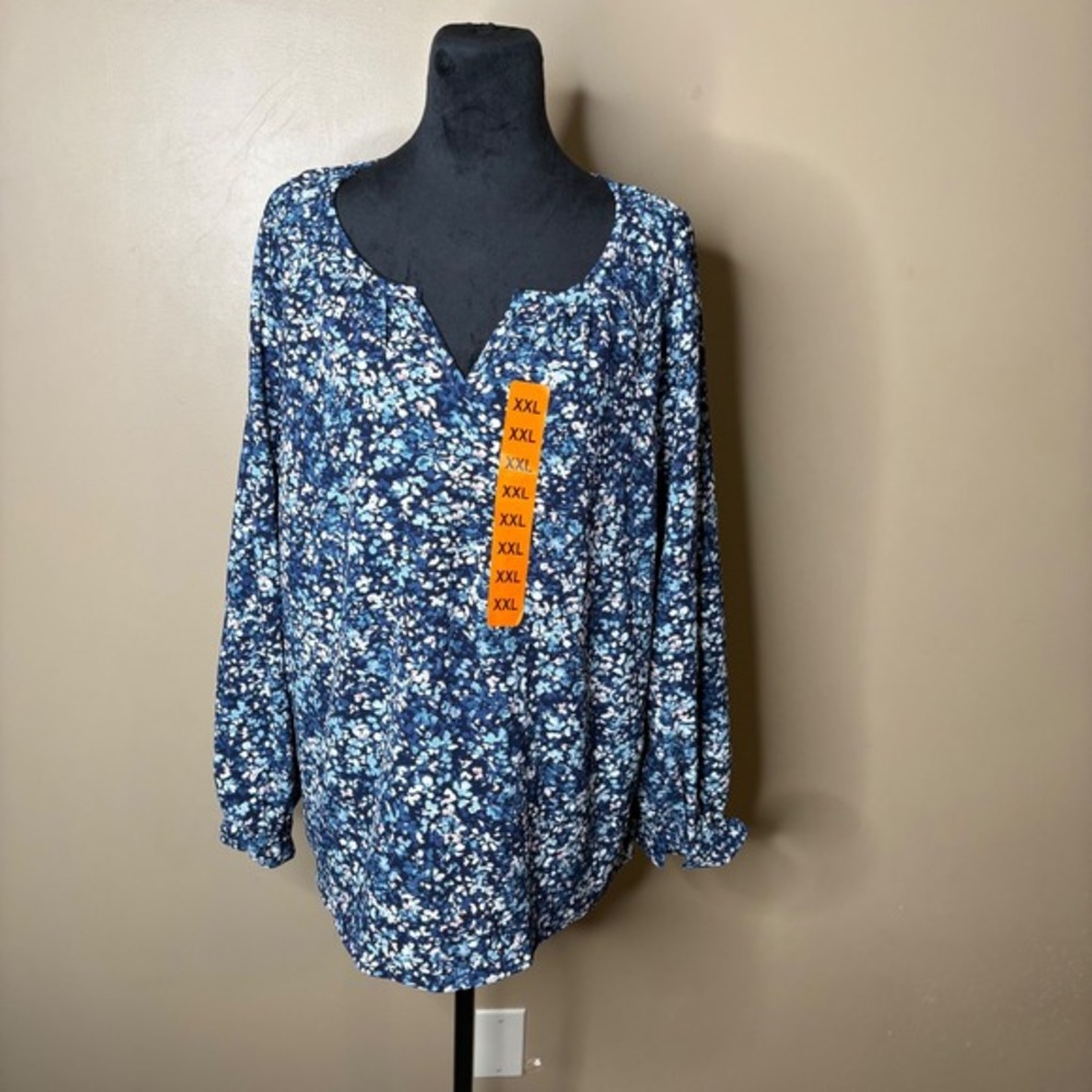 NEW Jessica Simpson Women's Sz XXL Blue Floral Print Long Sleeve Blouse Top Boho